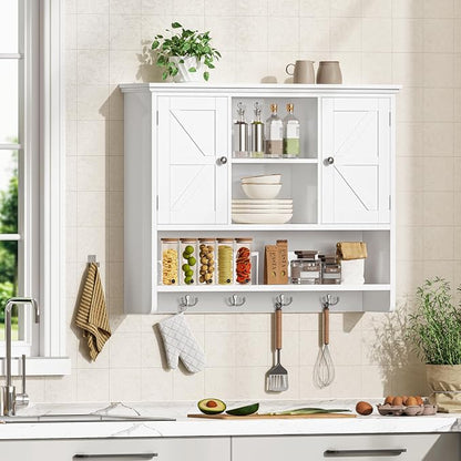 Bathroom Wall Cabinet with Doors and Hooks, 3-Tier Wall Mounted Cabinet | - Image 9