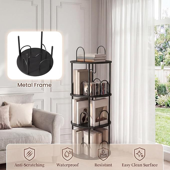 3 Tier Rotating Bookshelf, 360° Spinning Bookshelf Tower, Narrow Corner Book - Image 3