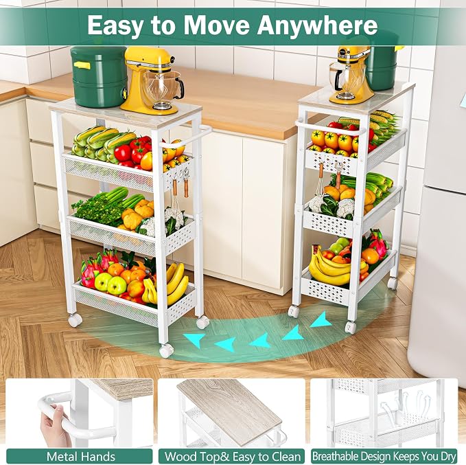 Utility Slim Storage Cart with Wheels, 4 Tier Small Rolling Cart with Wood Top - Image 7