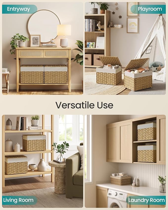 SONGMICS Storage Basket with Lid, Woven Blanket Storage Bin with Handles - Image 3