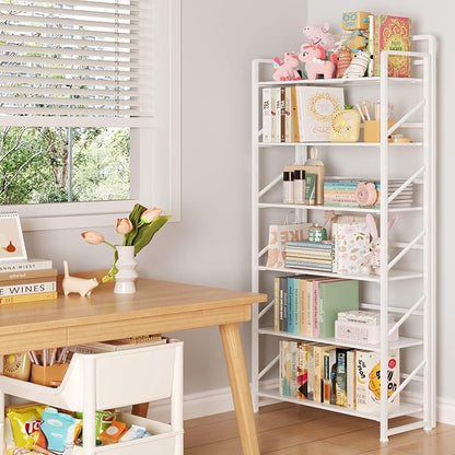 JSB No Assembly Folding Bookshelf, 6 Tier Industrial Metal Book Shelf - Image 2