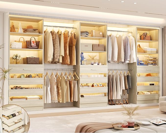 Aheaplus Closet System with 12 Drawers, 8.5-11.5Ft Wood Closet Organizer System by Aheaplus