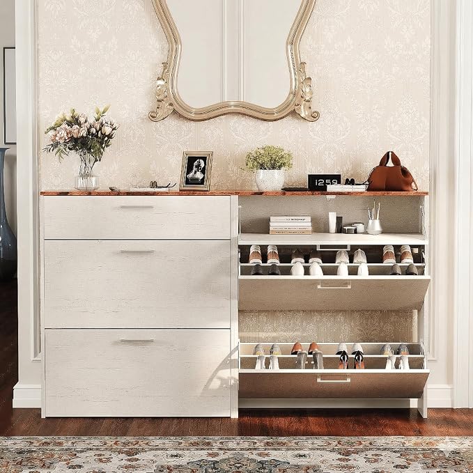 VINGLI Set of 2 Rustic White Shoe Cabinet by VINGLI