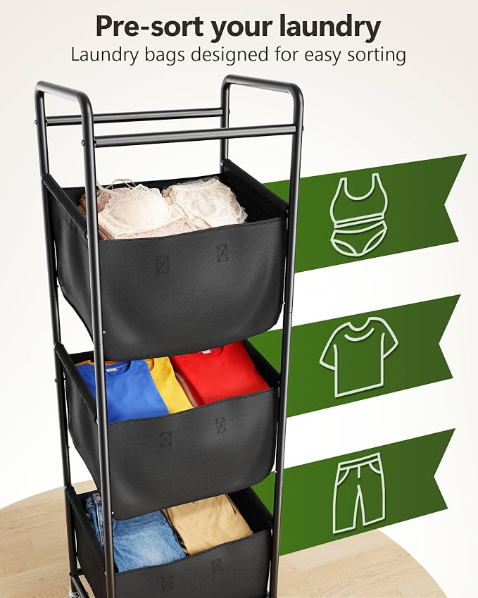 3 Section Laundry Sorter with Removable Bags, 120L Rolling Vertical Laundry - Image 2