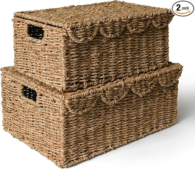 KOKODO Set of 2 Scalloped Wicker Baskets – Handwoven Rectangular Seagrass by KOKODOHOMEPROJECT