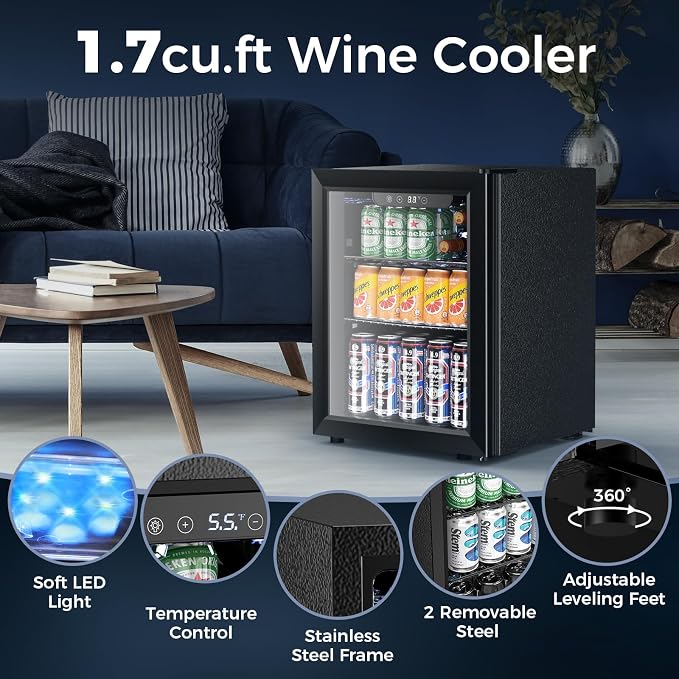 68 Cans Beverage Refrigerator Cooler, 1.7 cu.ft Mini Fridge Glass Door Drink - Image 6