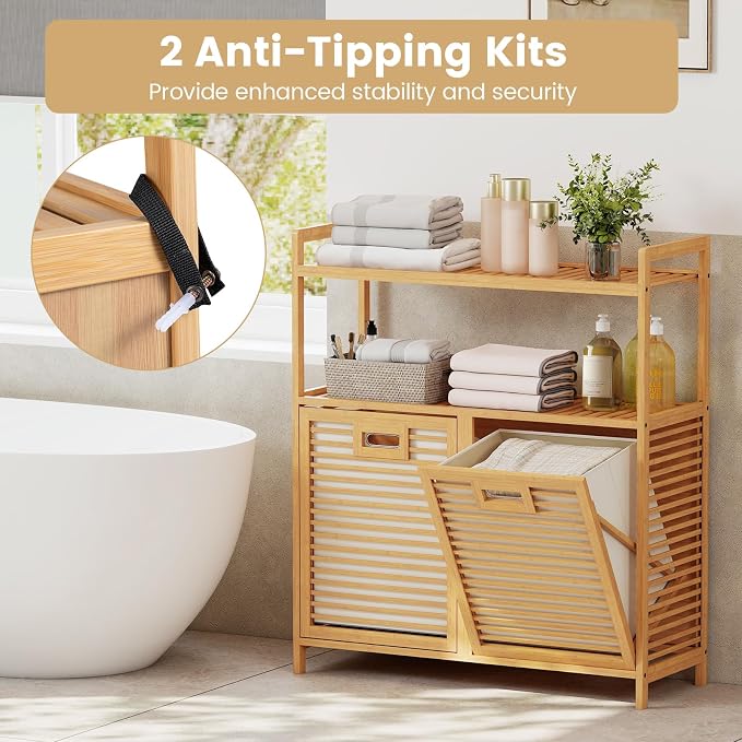 Giantex Double Tilt Out Laundry Hamper w/2-Tier Storage Shelf | 14 Gal Bamboo - Image 9