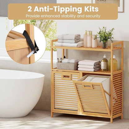 Giantex Double Tilt Out Laundry Hamper w/2-Tier Storage Shelf | 14 Gal Bamboo - Image 9