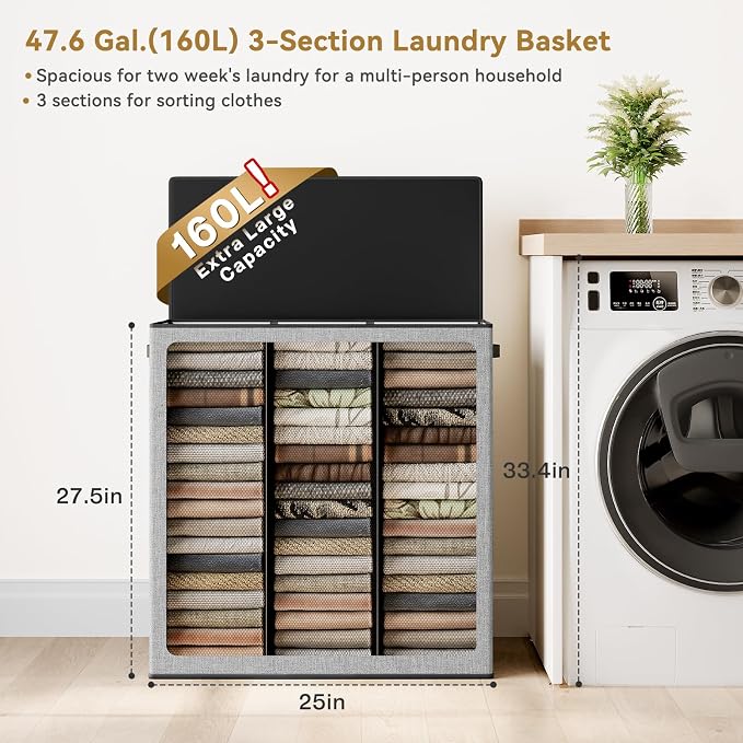 SOLEDI 160L Laundry Hamper 3 Section, Extra Large Laundry Hamper - Image 2