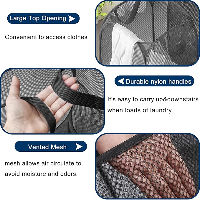 Pack of 2 Pop Up Laundry Hamper Collapsible Laundry Baskets Black Mesh Laundry - Image 5