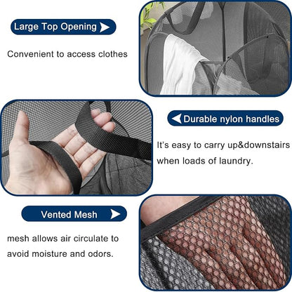 Pack of 2 Pop Up Laundry Hamper Collapsible Laundry Baskets Black Mesh Laundry - Image 5
