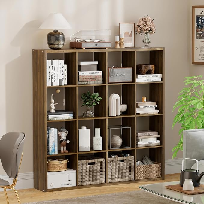 16 Cube Storage Organizer Bookcase, Thick Frame Wood Grain Storage Shelf by JPIZISO