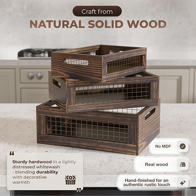 Set of 3 Wooden Nesting Countertop Baskets, Rustic Wood Storage Crates - Image 3