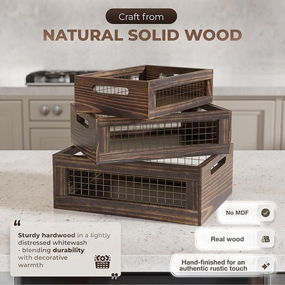 Set of 3 Wooden Nesting Countertop Baskets, Rustic Wood Storage Crates - Image 3