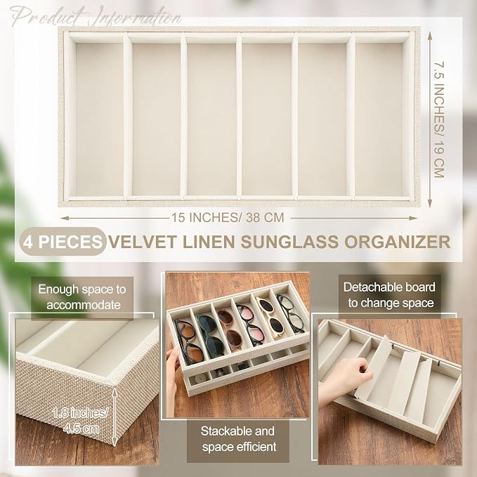 4 Pcs Velvet Sunglasses Organizer Tray 6 Grid Sunglass Organizer Velvet Tray - Image 2