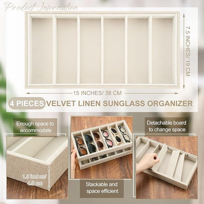 4 Pcs Velvet Sunglasses Organizer Tray 6 Grid Sunglass Organizer Velvet Tray - Image 2
