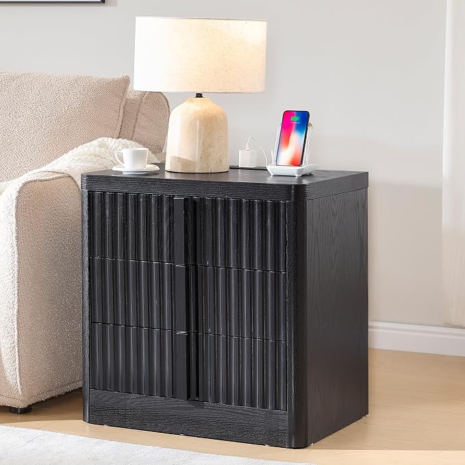 23.6" Nightstand Set of 2 with Charging Station, Side Table with 3 Storage - Image 2