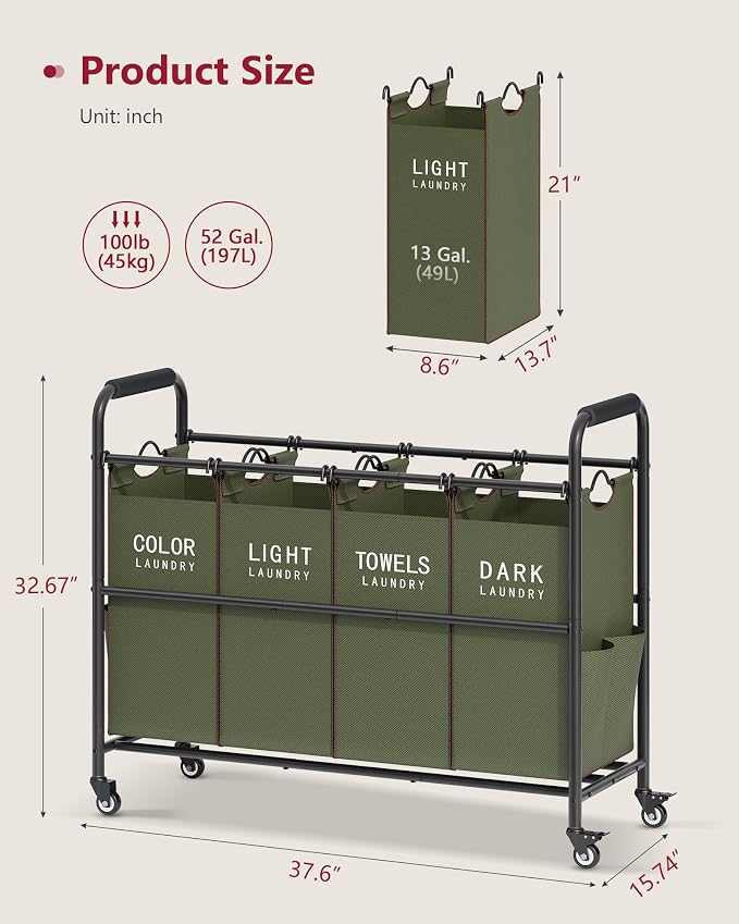 Tajsoon 4 Bag Laundry Sorter Cart, 4 Section Laundry Hamper Sorter - Image 9