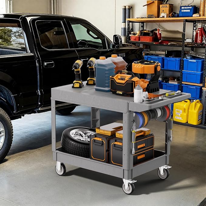 2 Tier Plastic Rolling Utility Cart on Wheels, Heavy Duty Tool Cart - Image 7