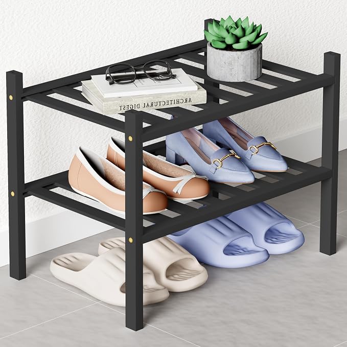 Smiry Bamboo Shoe Rack for Closet, 2 Tier Small Wooden Stackable Shoe Organizer by Smiry