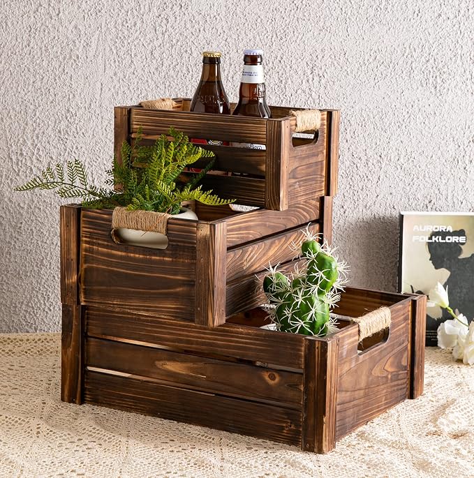 TIMRIS Set of 3 Rustic Wood Nesting Crates, Farmhouse Wooden Storage Container - Image 8
