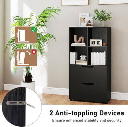 Giantex Bookcase with 2 Drawers, 51” Tall Floor Bookshelf w/4 Cubes, Anti-tip - Image 6