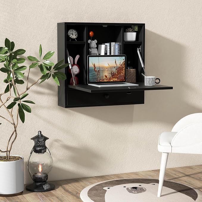 Tangkula Wall Mounted Desk, Folding Floating Wall Mount Laptop Desk, Space - Image 2