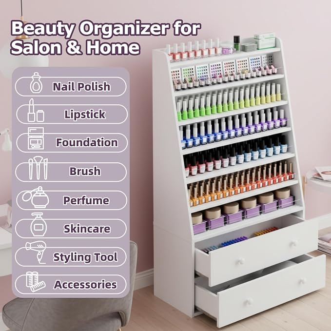 Nail Polish Rack with 2 Drawers, Salon Display & Storage Cabinet with Acrylic - Image 5