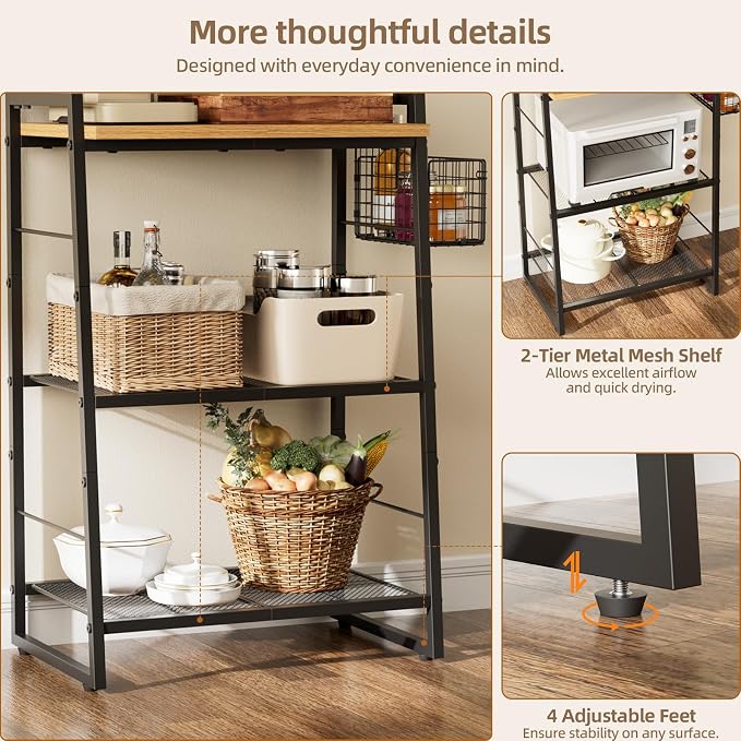 Bakers Rack with Foldable Basket, Large 4 Tiers Coffee Bar Station, Kitchen - Image 6