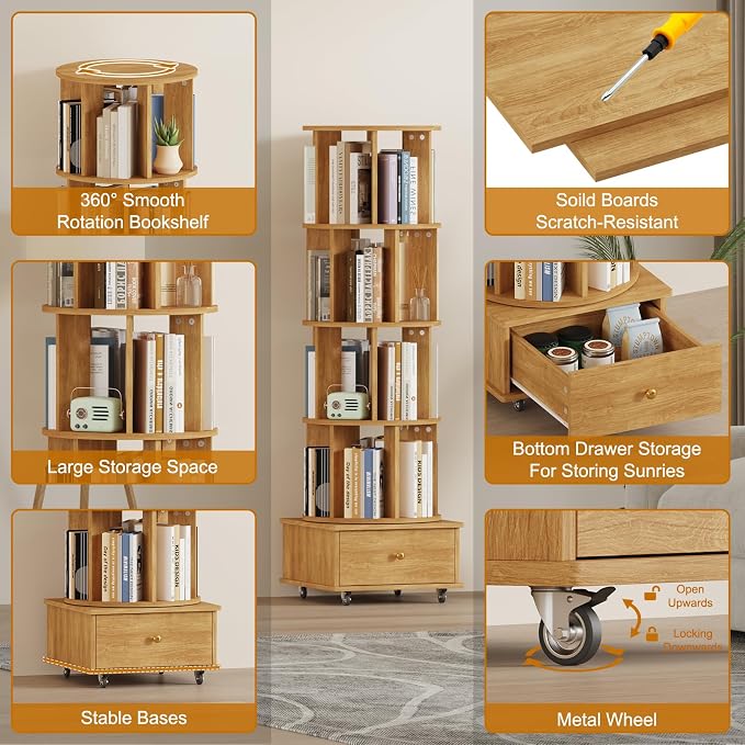 Rotating Bookshelf with Drawers on Lockable Wheels Wood Oak | 5 Tier Spinning - Image 7