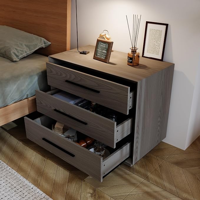 Bedside Table with 3 Drawers, Modern Side Table, Small Nightstand, Wooden Bed - Image 3