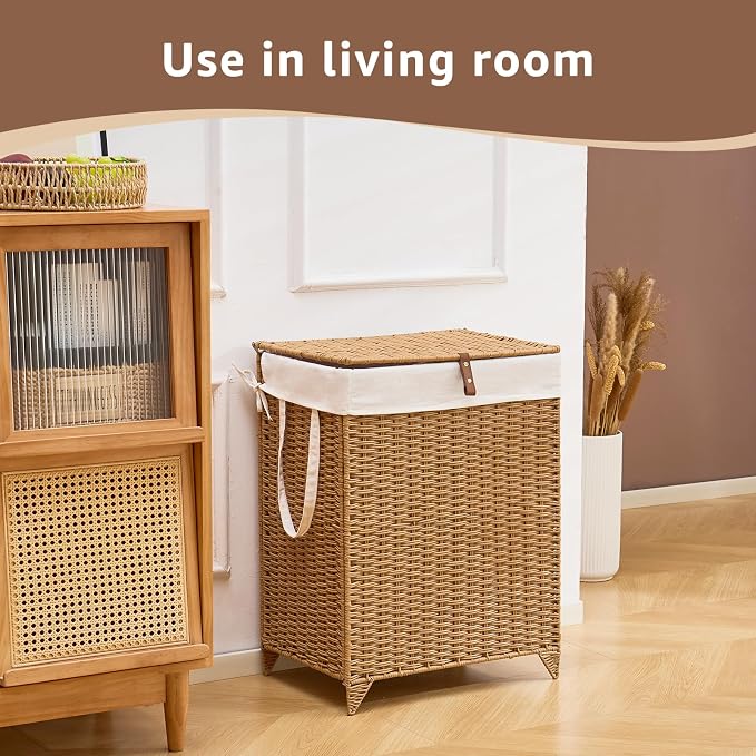 Laundry Hamper with Lid and Removable Liner Bag, Handwoven Rattan Clothes - Image 3