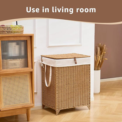 Laundry Hamper with Lid and Removable Liner Bag, Handwoven Rattan Clothes - Image 3