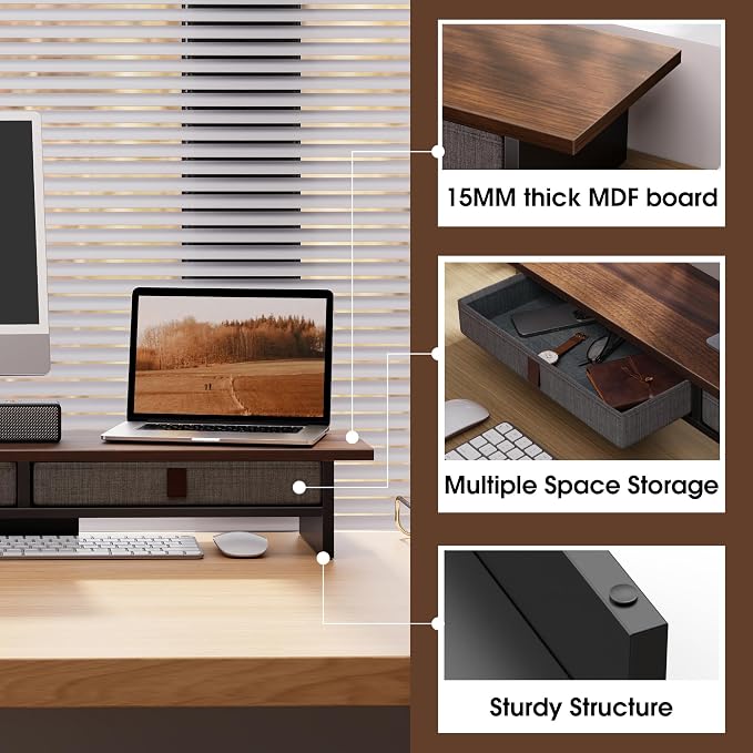 Fenge Monitor Stand with Drawer, 2 Tiers Dual Monitor Riser - Image 3