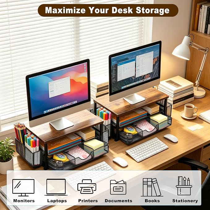 Wooden Monitor Stand Riser 2-Tier Desk Organizer - Image 7
