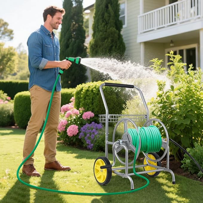 Goplus Garden Hose Reel Cart, 230ft 5/8" or 300ft 1/2" Heavy-Duty Metal Hose - Image 2