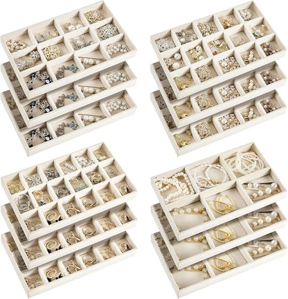 Junkin 12 Pcs Jewelry Tray Velvet Stackable Jewelry Organizer Trays Divided by Junkin