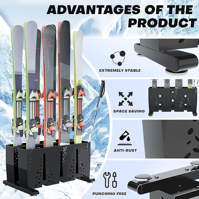 Ski Storage Rack for Garage, 8 Pair Heavy Duty Steel Freestanding Ski Storage - Image 5