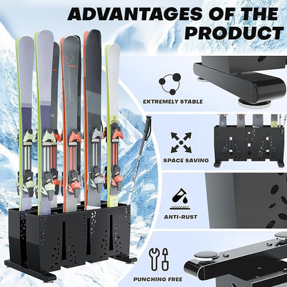 Ski Storage Rack for Garage, 8 Pair Heavy Duty Steel Freestanding Ski Storage - Image 5