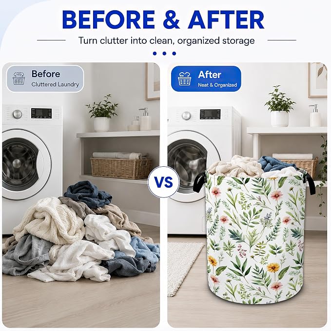 Floral Leaves Laundry Basket, Wildflower Greenery Flowers Collapsible Laundry - Image 4