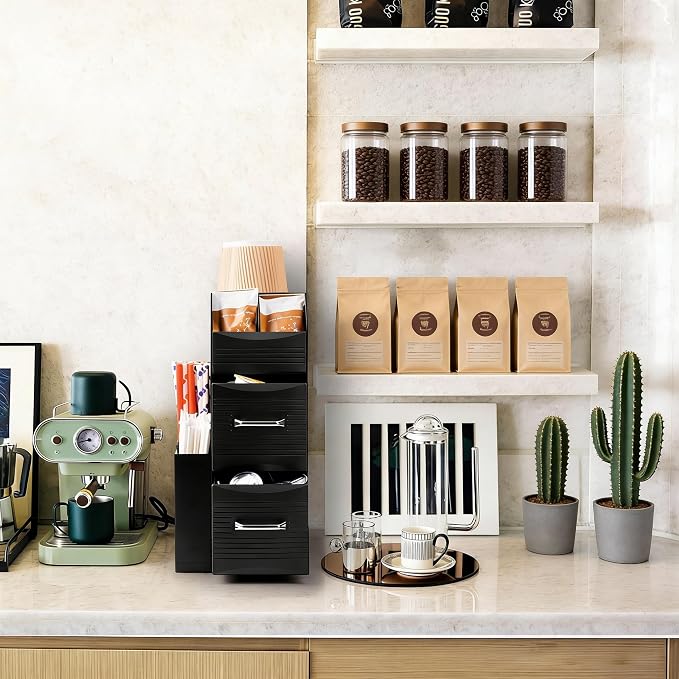 SZQINJI Coffee Condiment Organizer 11-Compartment Countertop 2-Drawer Black | - Image 2