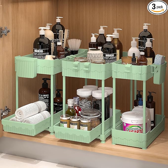 3 Pack Under Sink Organizers, 2-Tier Multi-Use Kitchen and Bathroom Organizers by Sevenblue