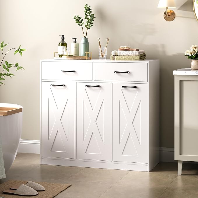 Herture Laundry Hamper Cabinet, Laundry Basket 3 Section - Image 5