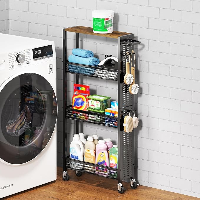 Utility Slim Storage Cart 4 Tier Small Rolling Kitchen Laundry Room - Image 4