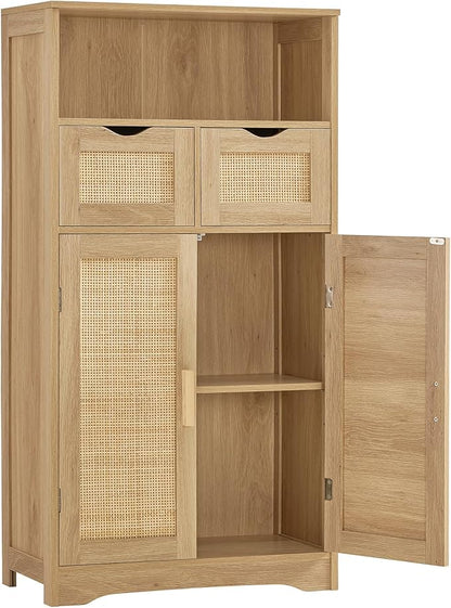 Iwell Storage Cabinet with 2 Drawers & Adjustable Shelves, Rattan Cabinet by IWELL