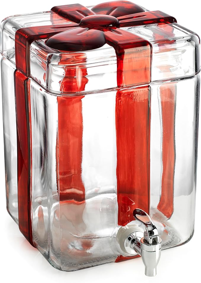 Gift Box Drink dispenser with Red Ribbon Design, Glass Beverage Dispenser - Image 8