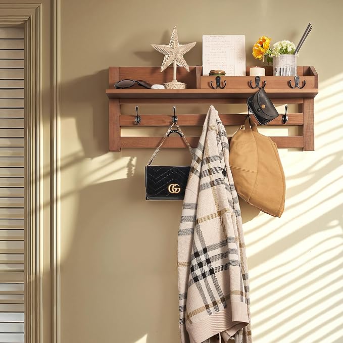 Coat Rack Wall Mount with Hooks & Shelf - Image 3