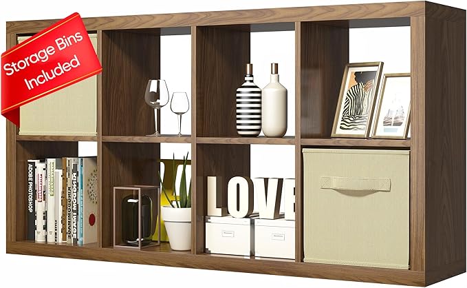 furtble Bookshelf with Storage Bins, 8-Cube Storage Organizer, Modern Wood Open by furtble