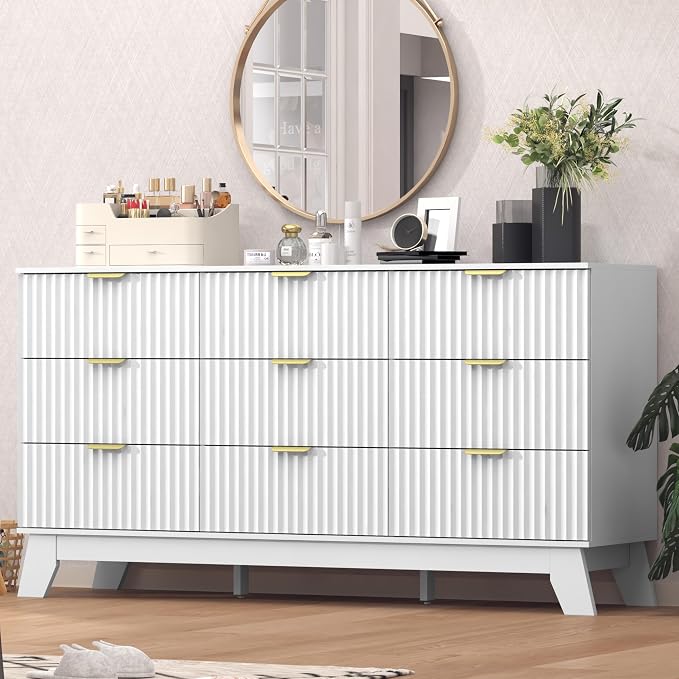Fluted Dresser for Bedroom, 9 Drawer Dresser for Closet, TV Stand, Storage by Thacuok