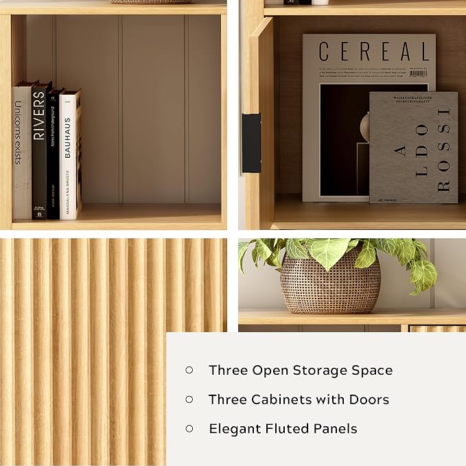 Fluted Storage Bookshelf Set of 2, Modern Wooden 6 Cube Bookcase - Image 3